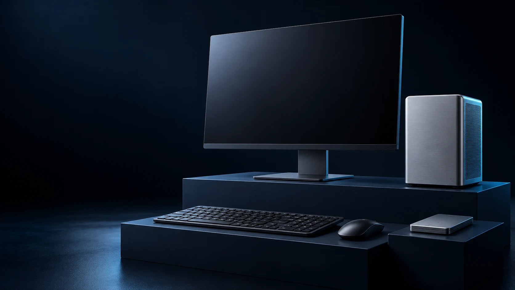 Illustrative desktop workspace with a monitor, compact computer and SSD